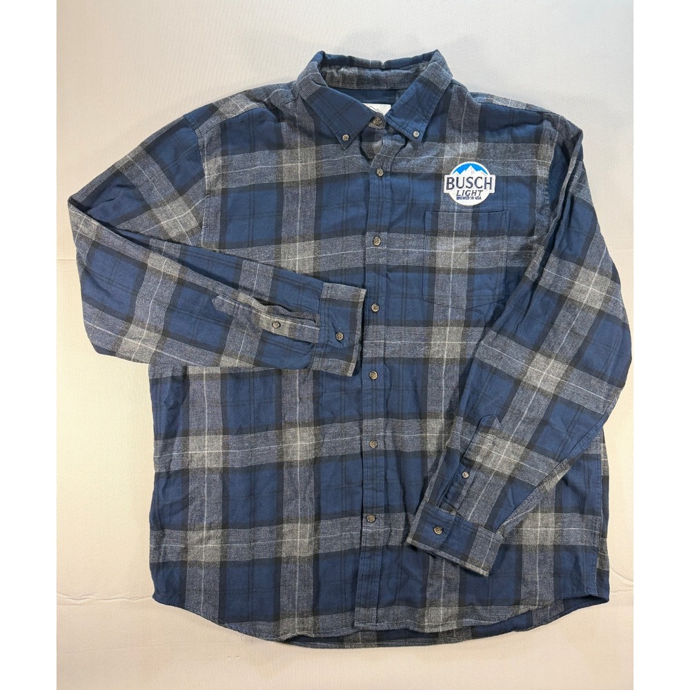 St Johns Bay Busch Light Flannel Shirt XXL Blue Plaid Button Down Beer Promo